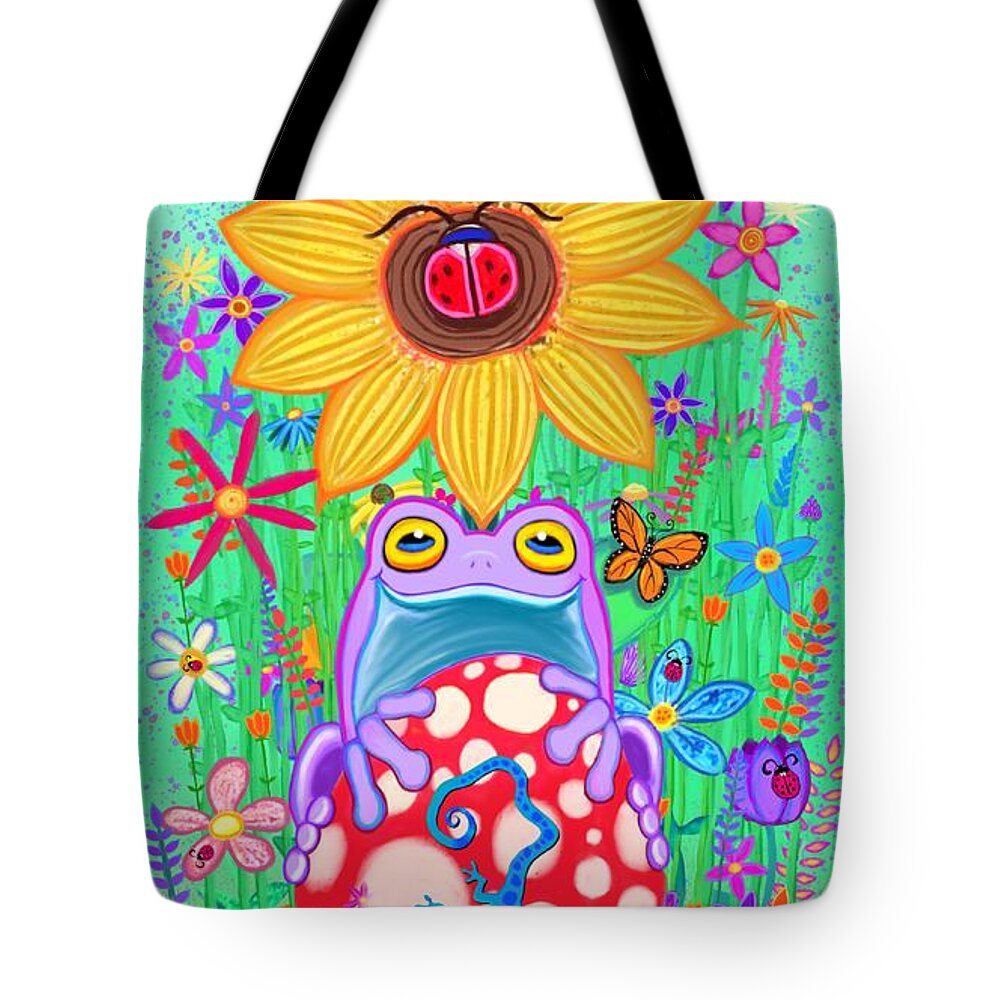 Frogs Tote Bag featuring the digital art Frogs and Flowers #1 by Nick Gustafson