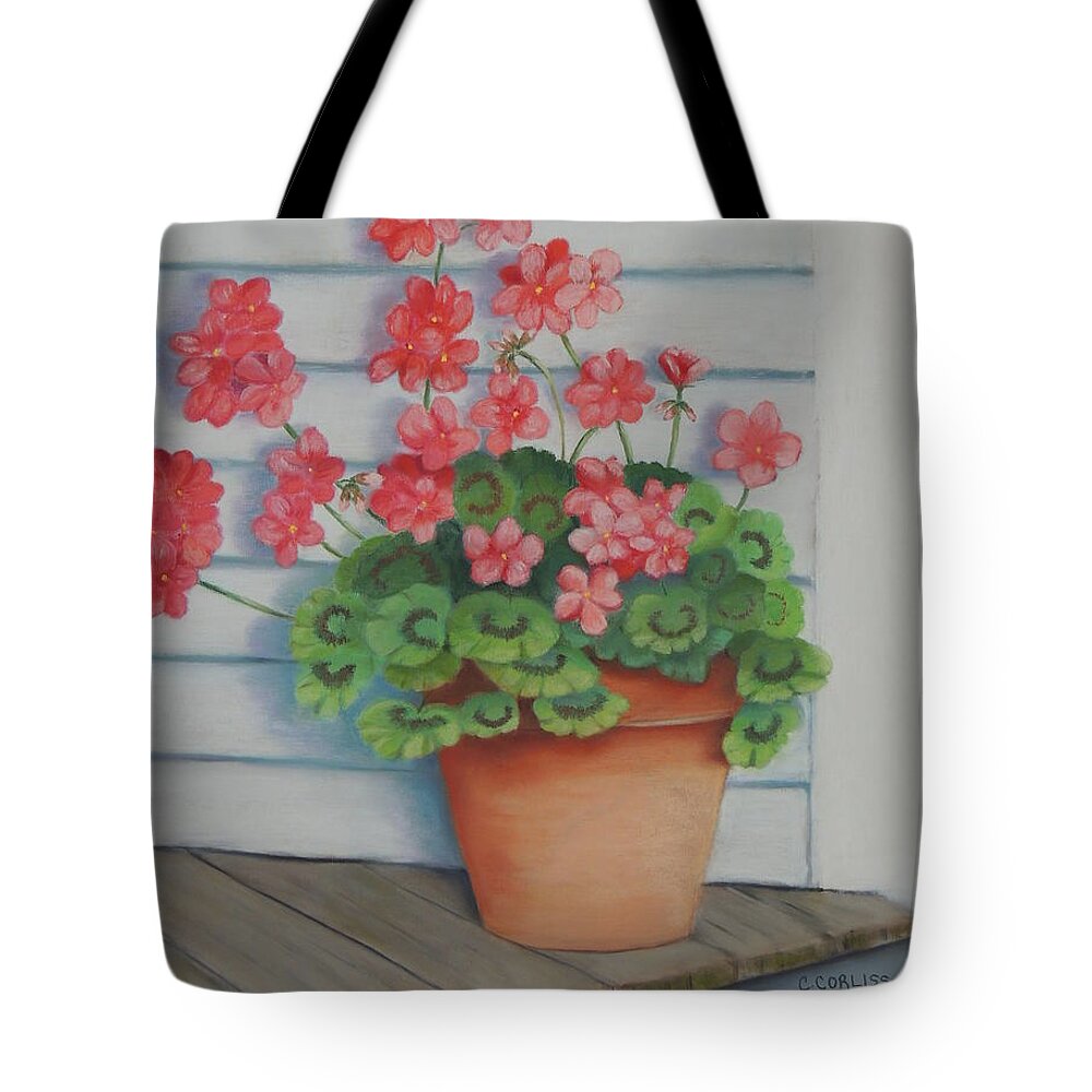 Front Tote Bag featuring the pastel Front Porch Geraniums by Carol Corliss