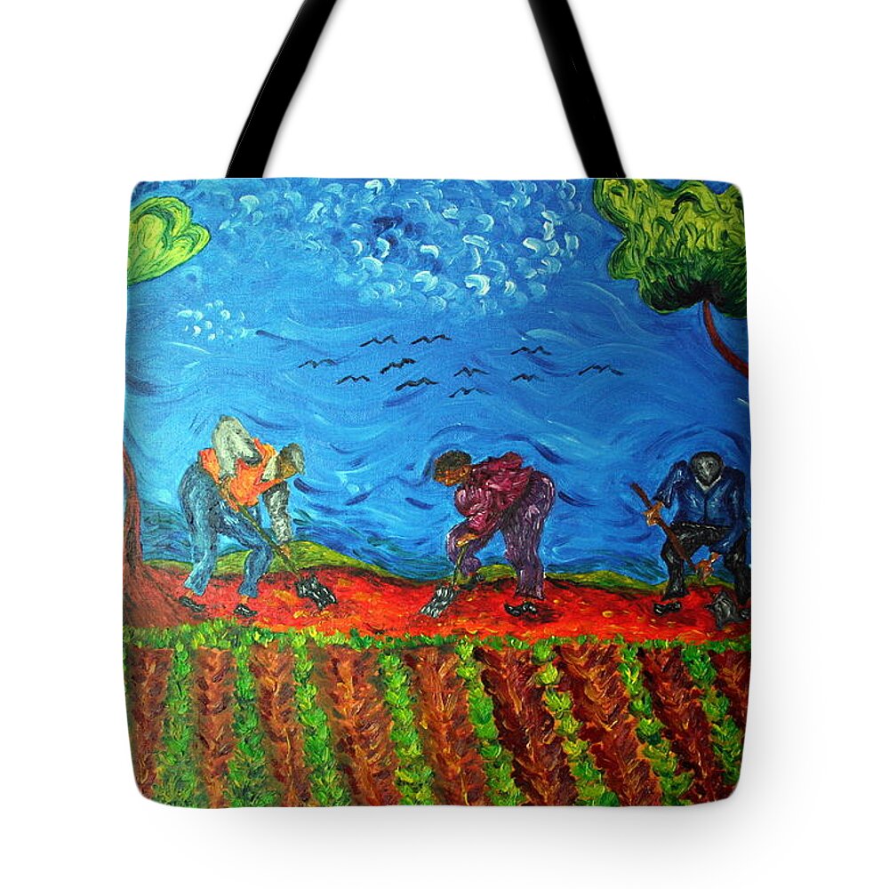 Farming Tote Bag featuring the painting Gathering Potatoes #1 by Paul Morgan