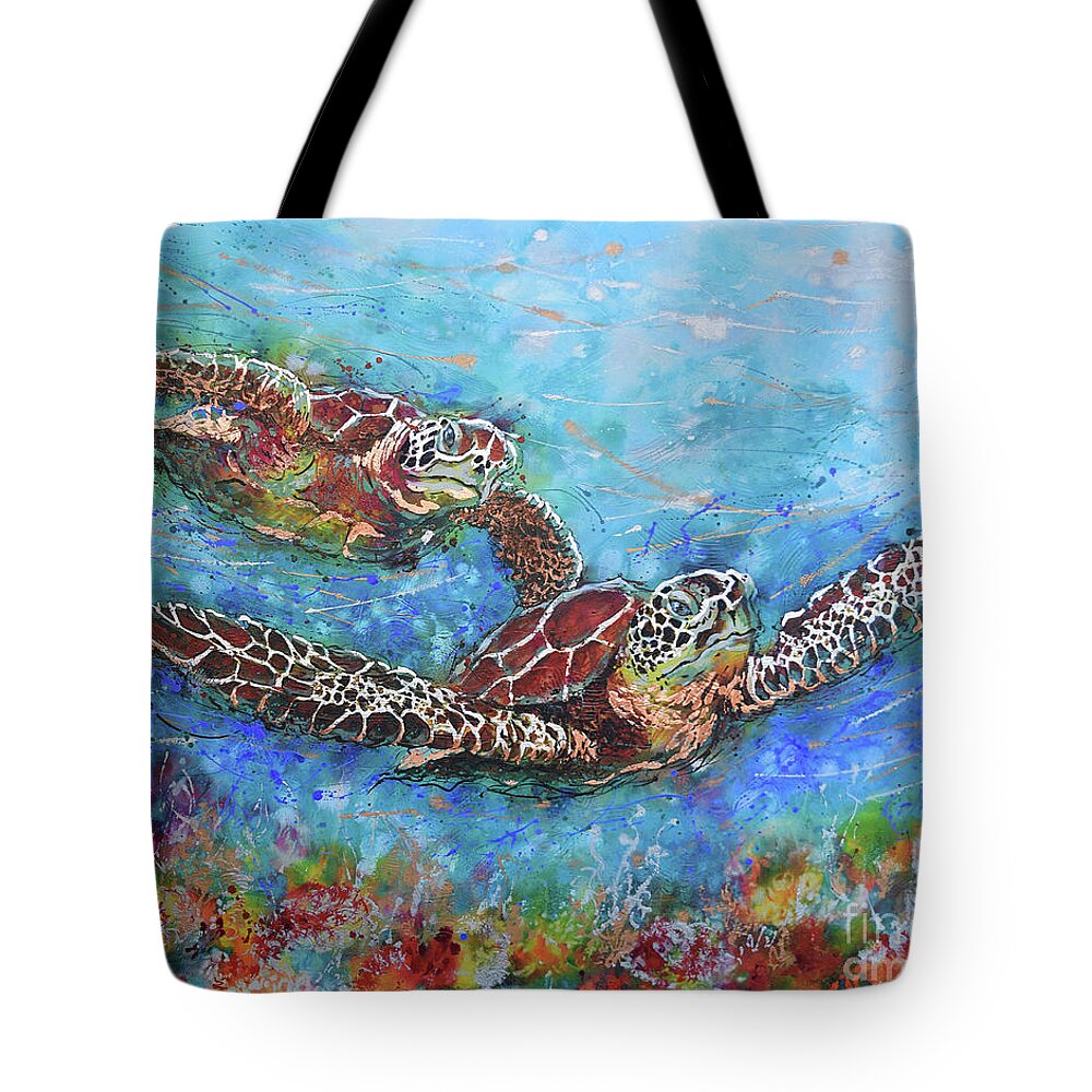 Marine Turtles Tote Bag featuring the painting Gliding Turtles by Jyotika Shroff