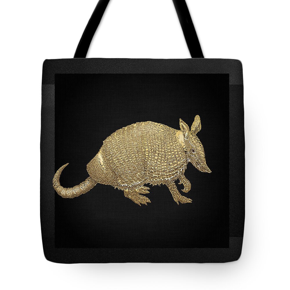 'beasts Creatures And Critters' Collection By Serge Averbukh Tote Bag featuring the photograph Gold Armadillo on Black Canvas #1 by Serge Averbukh