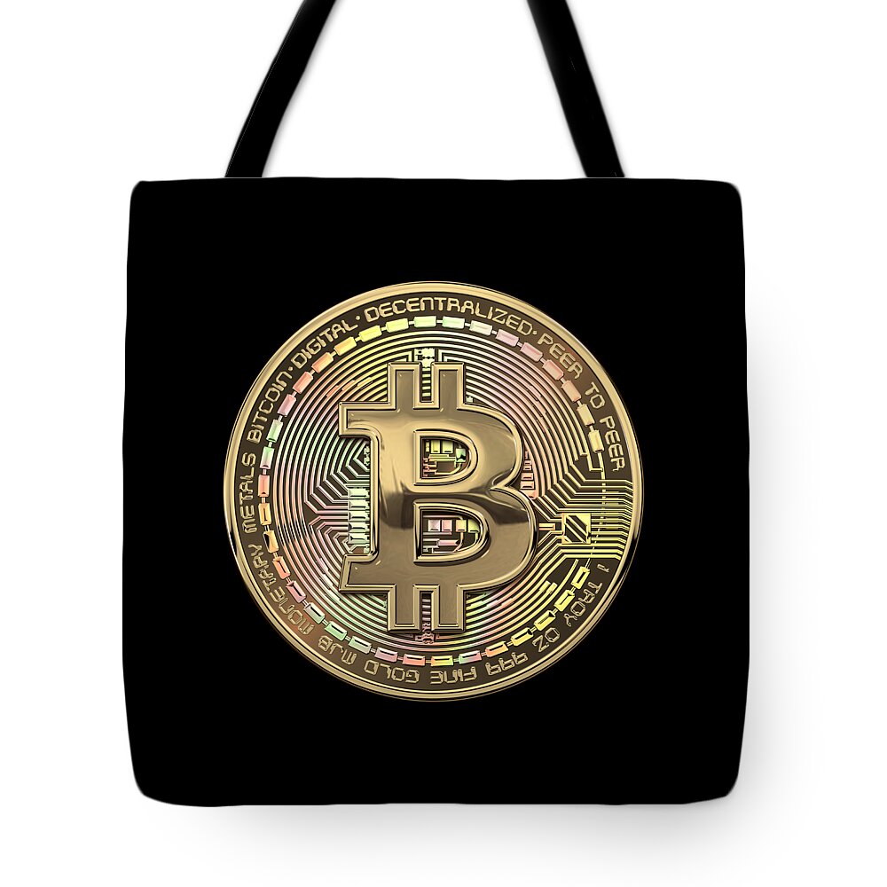 'money’ Collection By Serge Averbukh Tote Bag featuring the photograph Gold Bitcoin Effigy over Black Canvas by Serge Averbukh
