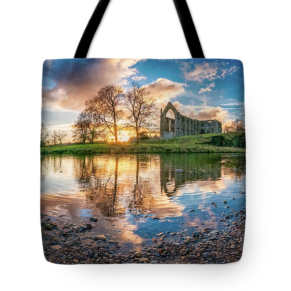 Bolton Abbey Tote Bag featuring the photograph Golden hour by the River Wharfe #1 by Mariusz Talarek