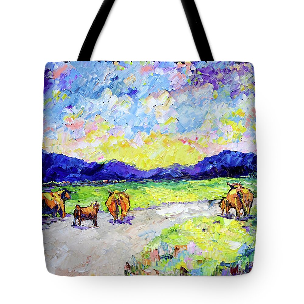 Cow Tote Bag featuring the painting Heading Home #1 by Carrie Jacobson
