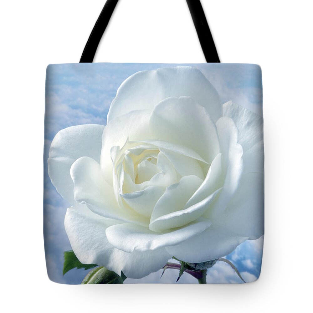 Rose Tote Bag featuring the photograph Heavenly White Rose. by Terence Davis