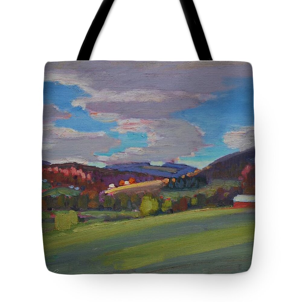 Red Barns Tote Bag featuring the painting Hills Of Upstate New York #1 by Len Stomski
