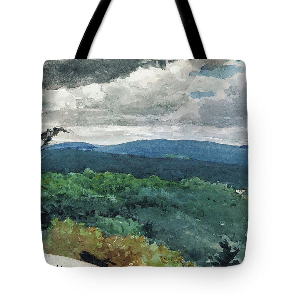 Winslow Homer Tote Bag featuring the drawing Hilly Landscape by Winslow Homer