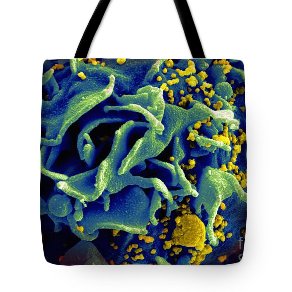 Microbiology Tote Bag featuring the photograph Hiv-infected T Cell, Sem by Science Source