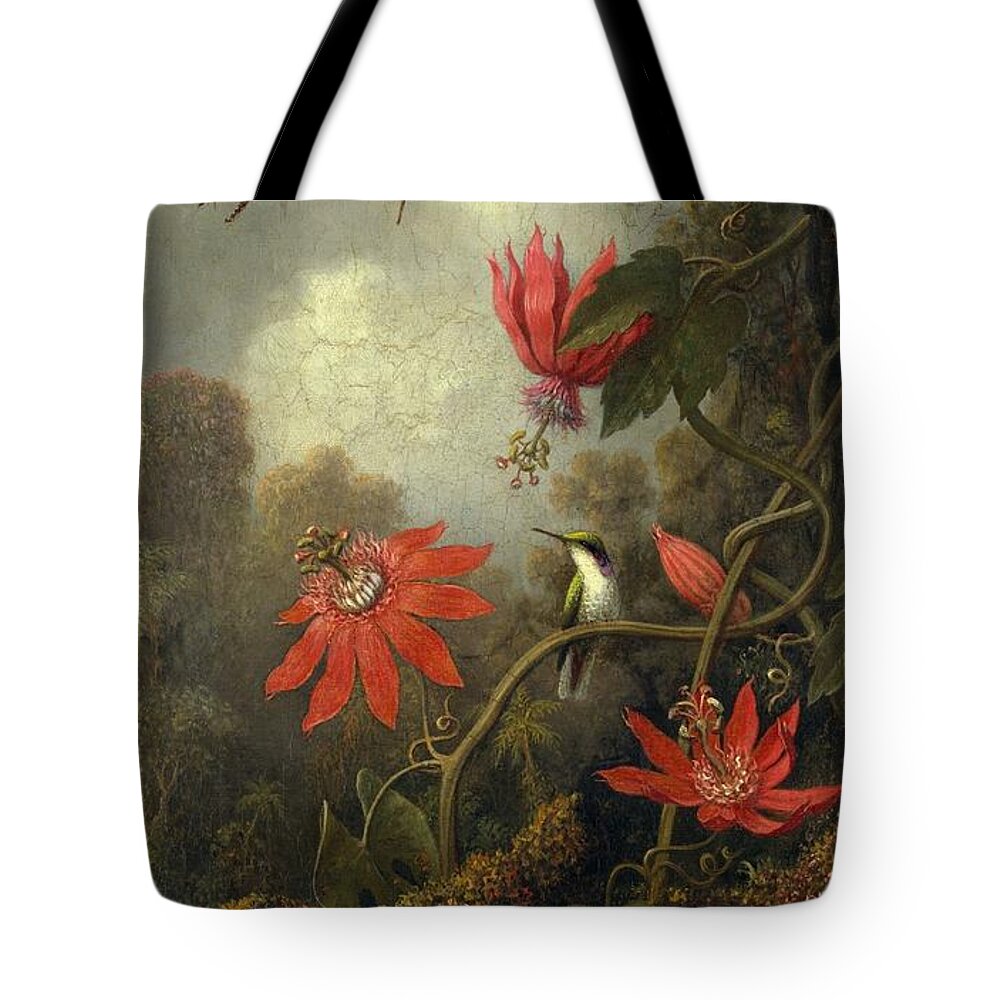 Martin Johnson Heade Tote Bag featuring the painting Hummingbird And Passionflowers #1 by Martin Johnson Heade