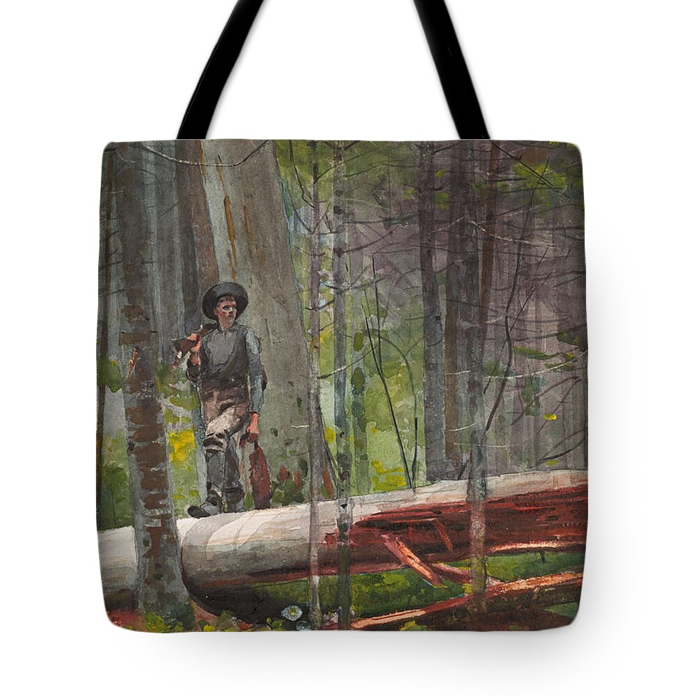 Winslow Homer Tote Bag featuring the drawing Hunter in the Adirondacks #1 by Winslow Homer