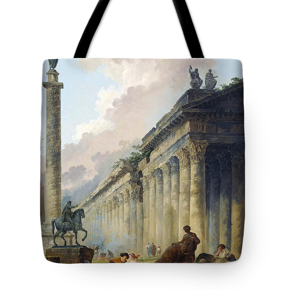 Hubert Robert Tote Bag featuring the painting Imaginary View of Rome with Equestrian Statue of Marcus Aurelius, the Column of Trajan and a Temple by Hubert Robert