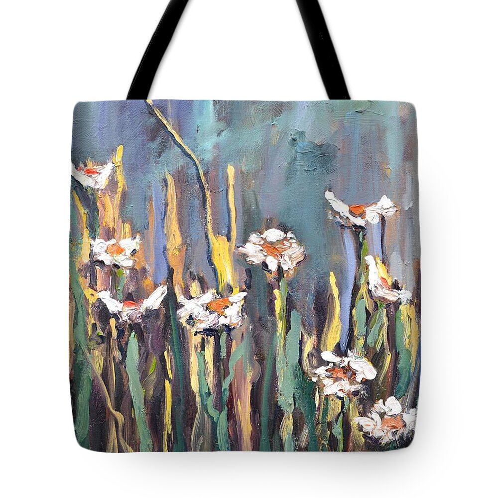 Floral Tote Bag featuring the painting Impasto Daisies by Donna Tuten