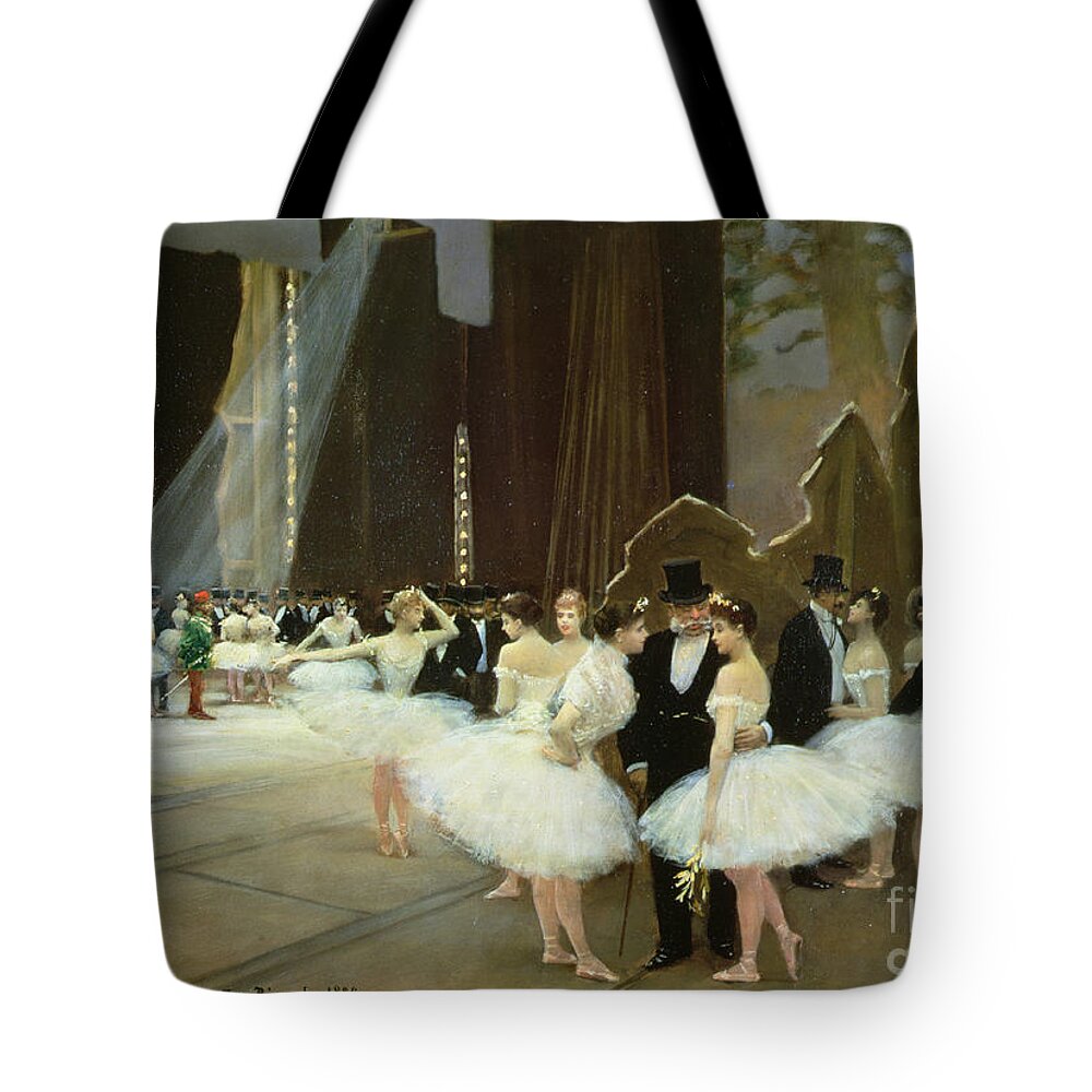 In The Wings At The Opera House Tote Bag featuring the painting In the Wings at the Opera House by Jean Beraud