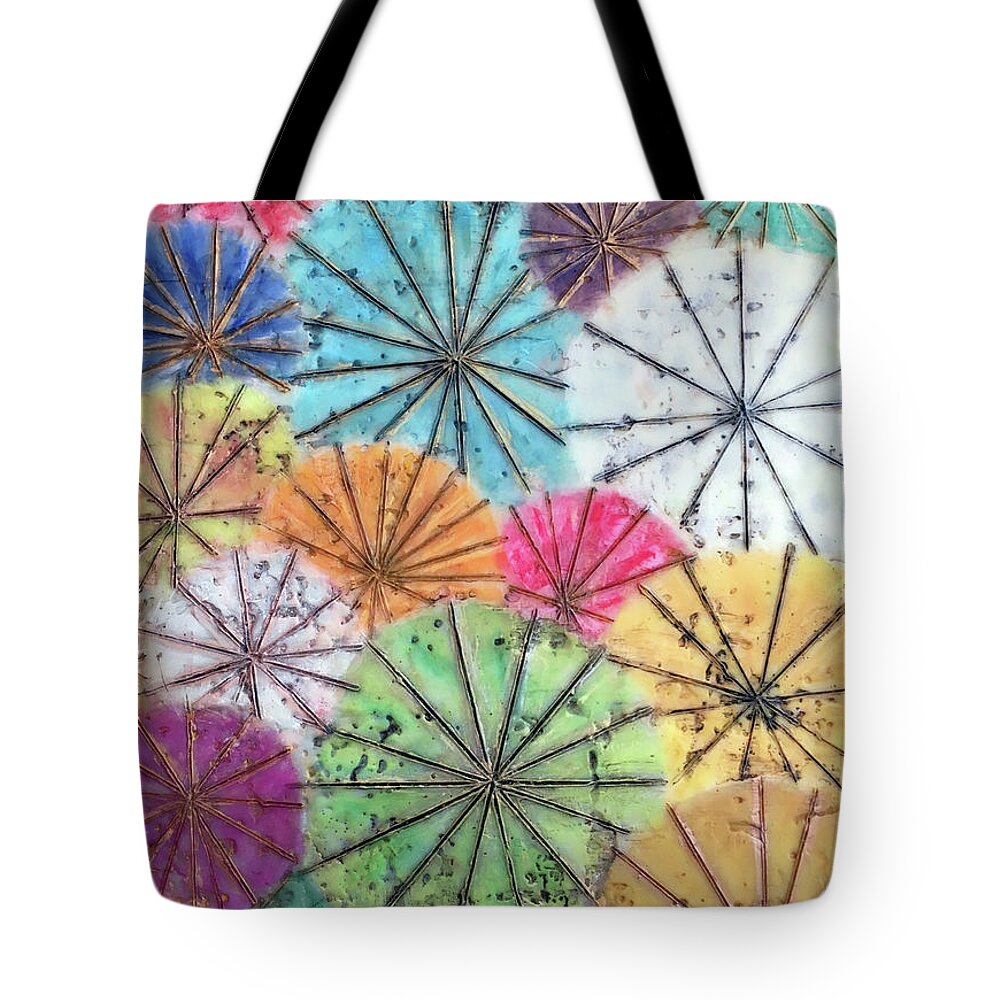 Encaustic Tote Bag featuring the painting Japanese Umbrellas #1 by Christine Chin-Fook