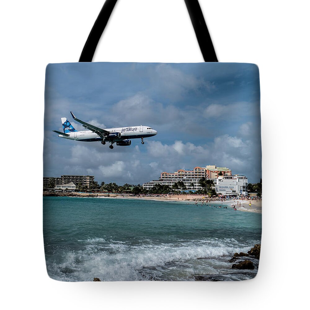 Jetblue Tote Bag featuring the photograph jetBlue landing at St. Maarten #1 by David Gleeson