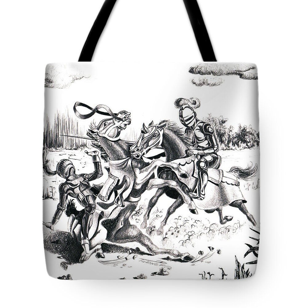 Horses Tote Bag featuring the drawing Joust #1 by Dale Turner
