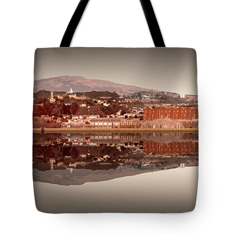 Lancaster Panoramic Tote Bag featuring the digital art Lancaster Panoramic Reflection - Sepia by Joe Tamassy