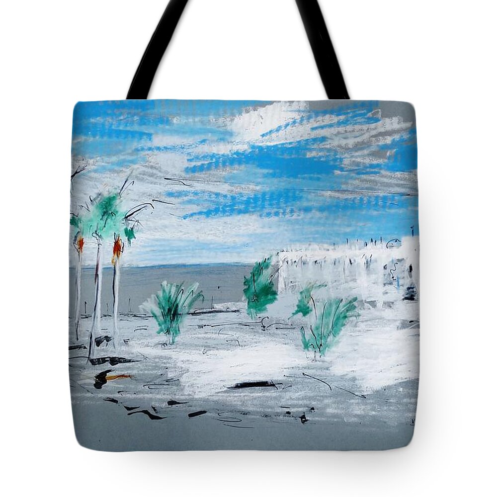 Lanzarote Tote Bag featuring the drawing Lanzarote blue by Karina Plachetka