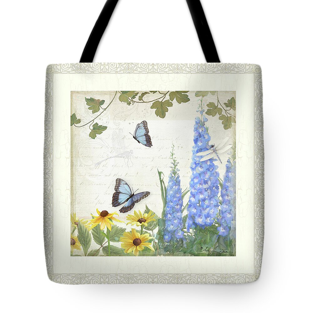 E Petit Jardin Tote Bag featuring the painting Le Petit Jardin 1 - Garden Floral w Butterflies, Dragonflies, Daisies and Delphinium by Audrey Jeanne Roberts