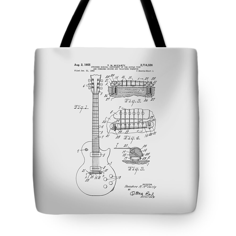 Les Paul Tote Bag featuring the photograph Les Paul Guitar patent from 1955 #2 by Chris Smith