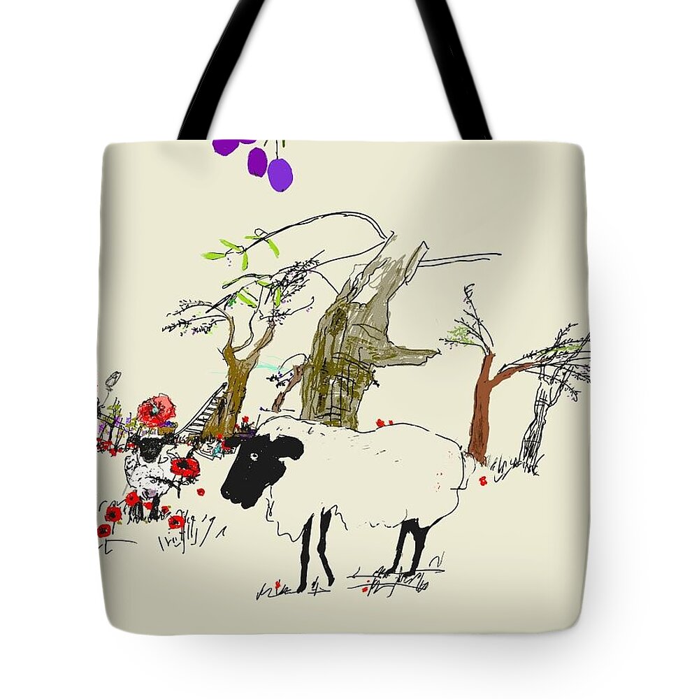 Italy. Landscape. Sheep. Olive Grove Tote Bag featuring the digital art little piece of Italy #1 by Debbi Saccomanno Chan