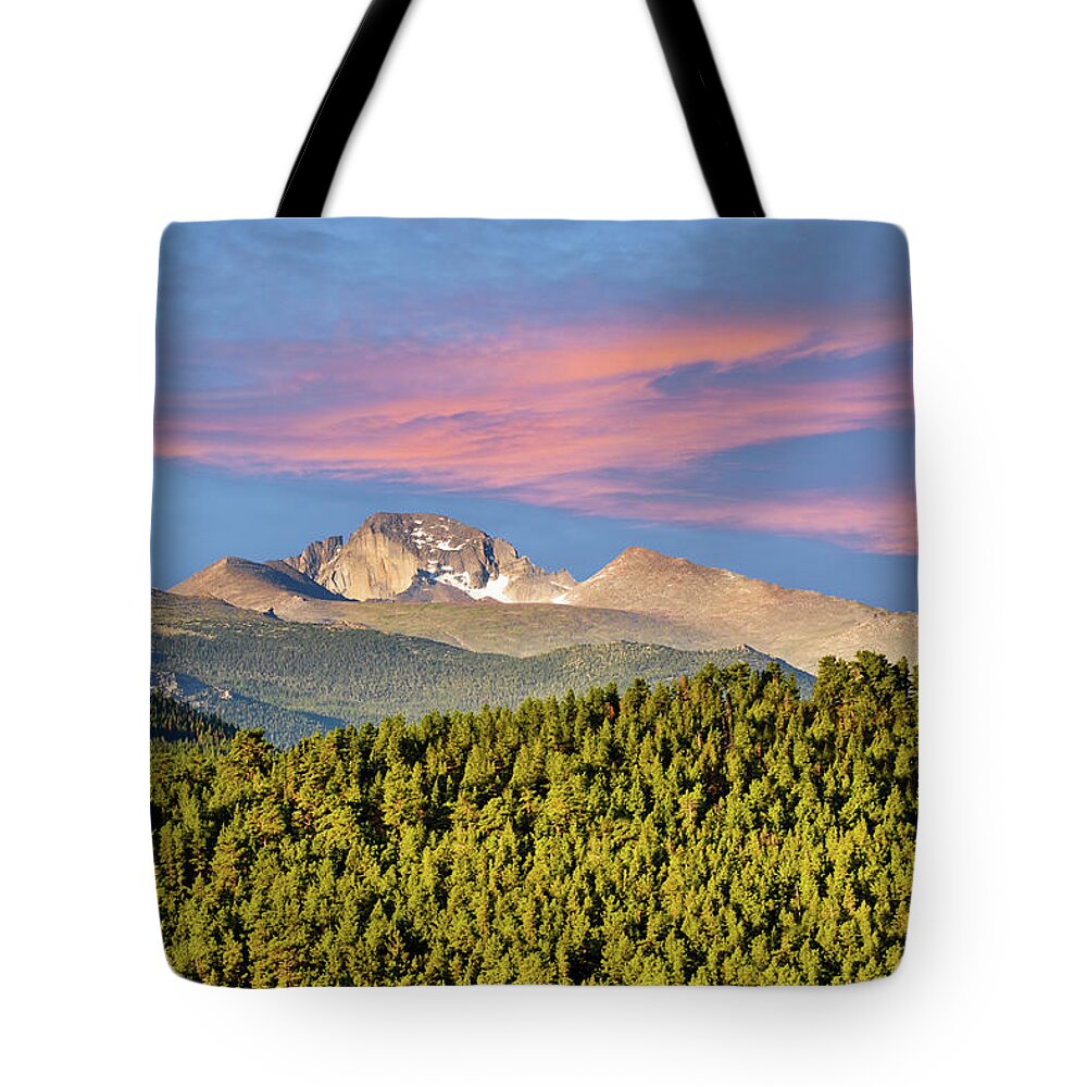 Beauty In Nature Tote Bag featuring the photograph Longs Peak at Sunrise by Jeff Goulden