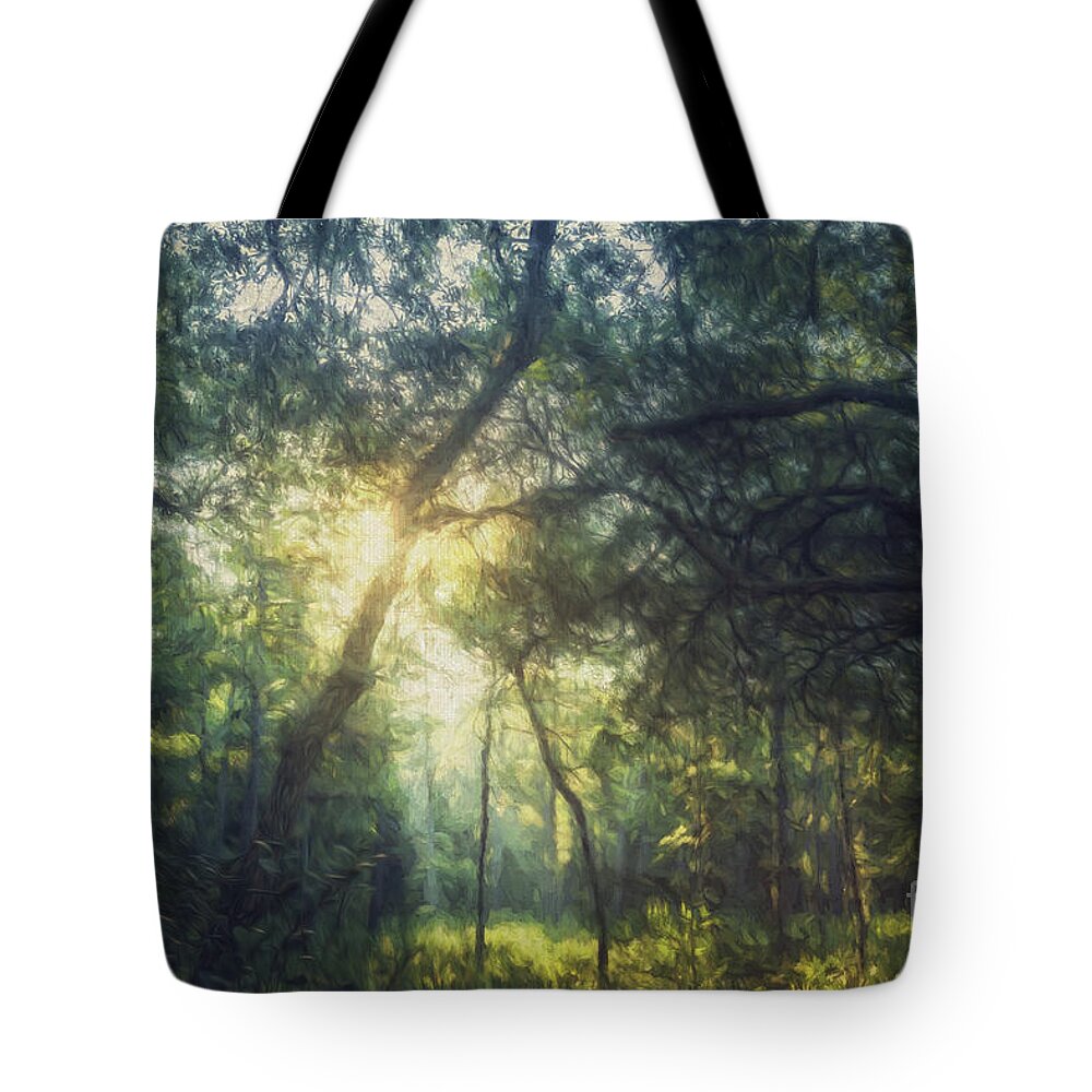 Sun Rays Forest Tote Bag featuring the digital art Lost #1 by Tim Wemple
