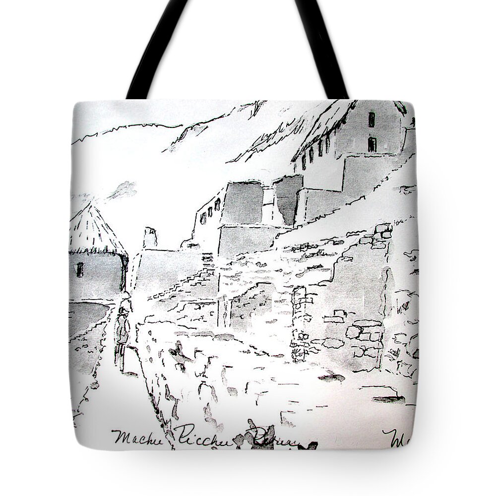South America Tote Bag featuring the drawing Machu Picchu by Marilyn Zalatan