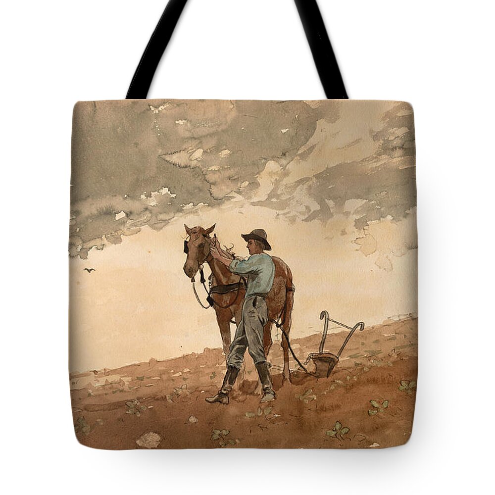 Winslow Homer Tote Bag featuring the drawing Man with Plow Horse by Winslow Homer