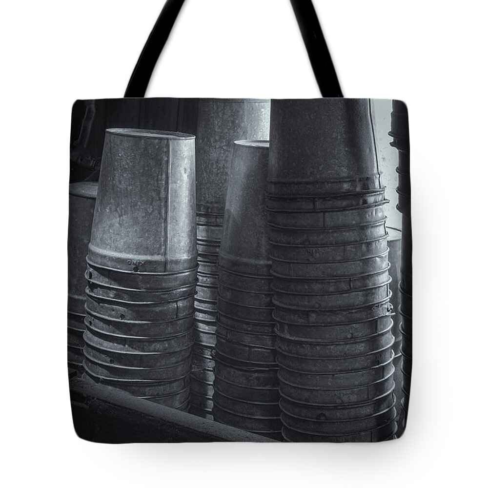 East Dover Vermont Tote Bag featuring the photograph Maple Syrup Buckets #1 by Tom Singleton