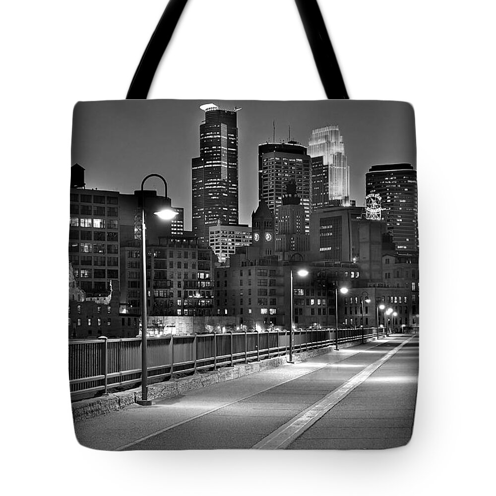 Minneapolis Skyline Tote Bag featuring the photograph Minneapolis Skyline from Stone Arch Bridge by Jon Holiday