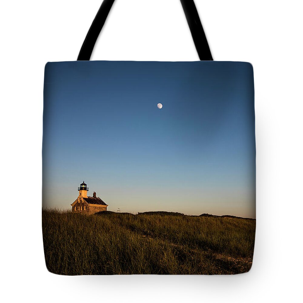 Lighthouse Tote Bag featuring the photograph Moon over The North Light #1 by Diane Diederich