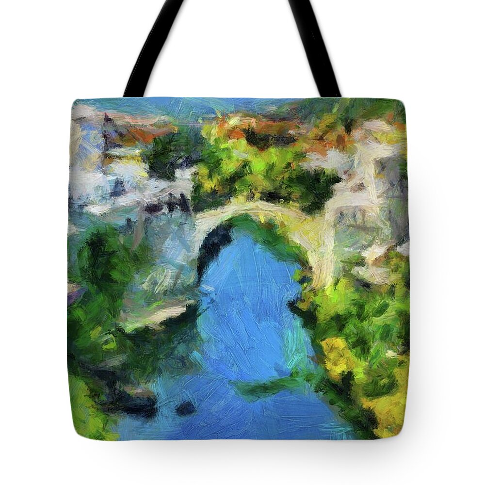 Mostar Tote Bag featuring the painting Mostar Old Bridge #1 by Dragica Micki Fortuna