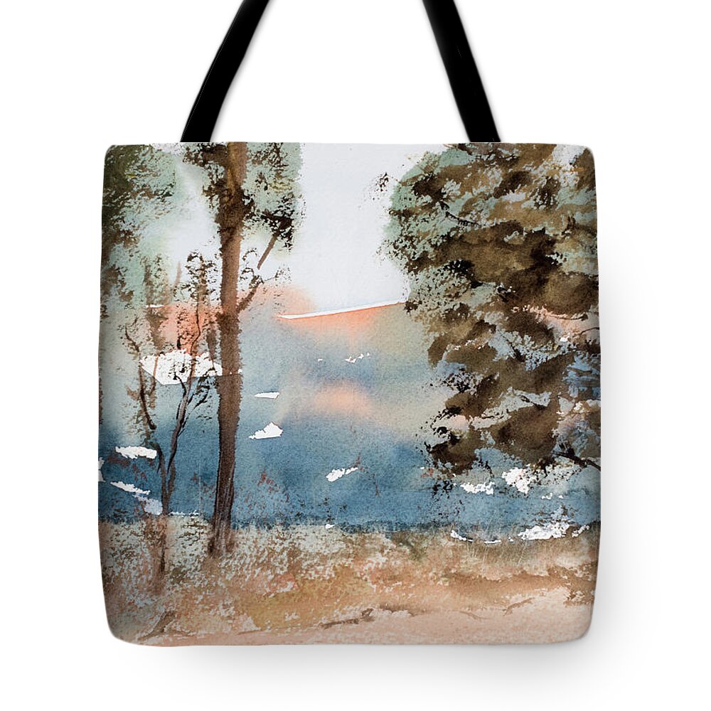 Australia Tote Bag featuring the painting Mt Field Gum Tree Silhouettes against Salmon coloured Mountains by Dorothy Darden