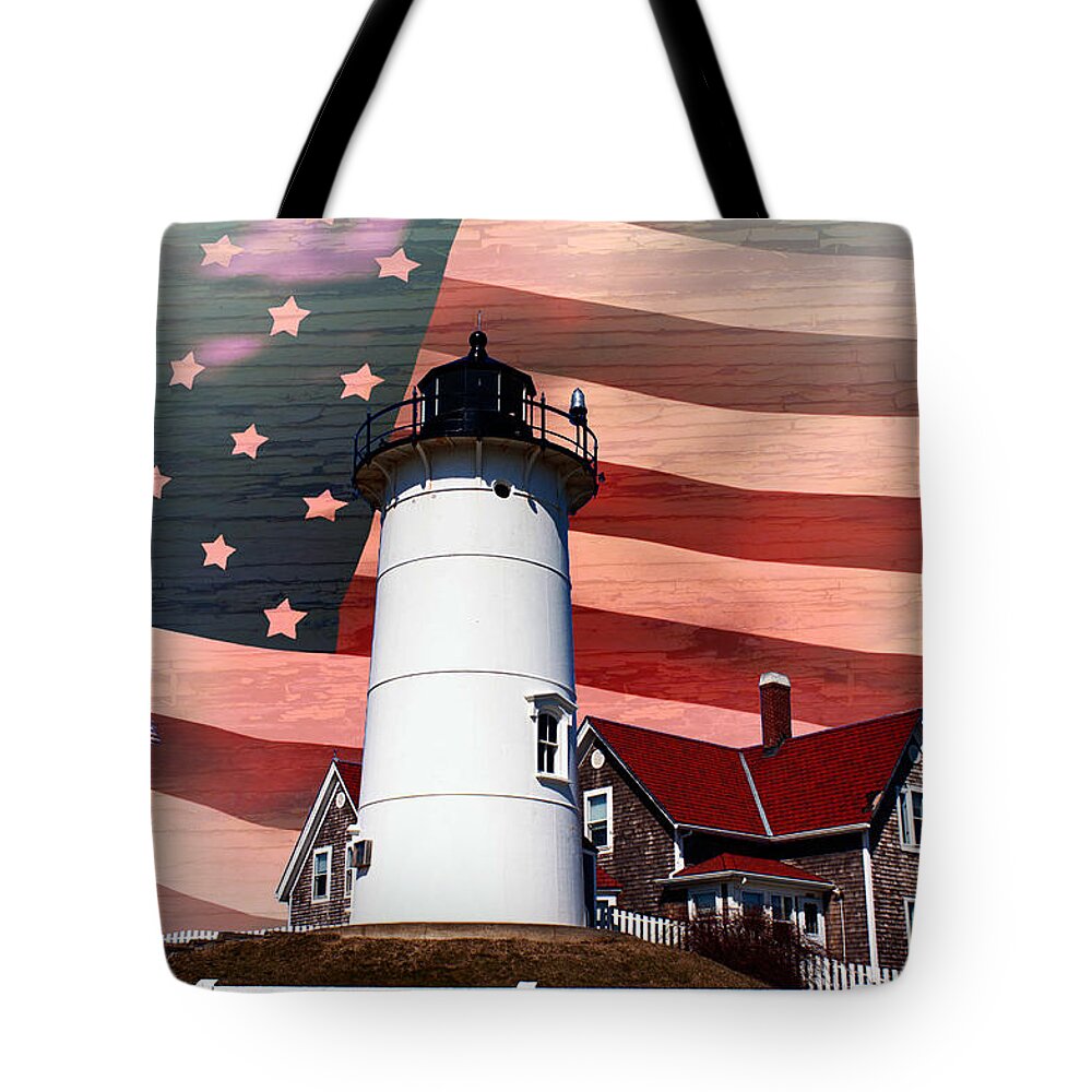 #jefffolger Tote Bag featuring the photograph Nobska lighthouse on American flag #2 by Jeff Folger