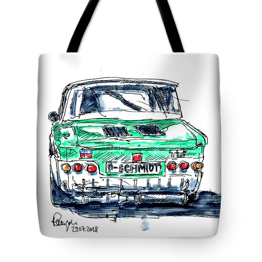 Classic Tote Bag featuring the drawing NSU TT Classic Car Ink Drawing and Watercolor #1 by Frank Ramspott