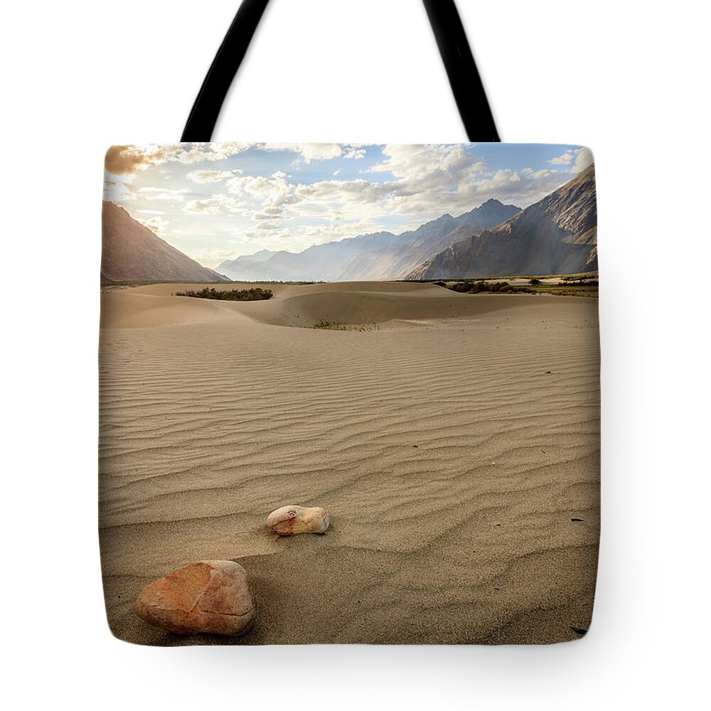 Asia Tote Bag featuring the photograph Nubra Valley sand dunes #1 by Alexey Stiop