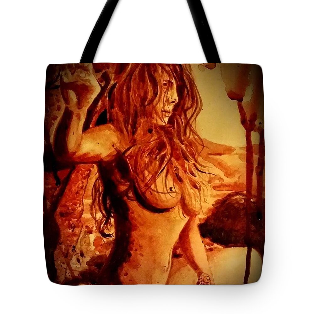 Jessica Tote Bag featuring the painting Nude On Beach by Ryan Almighty