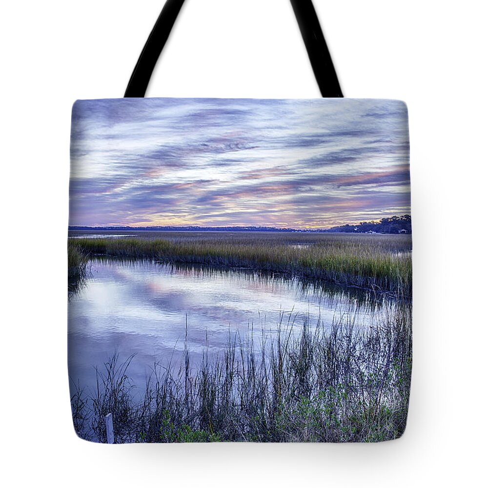 Oak Island Tote Bag featuring the photograph Oak Island Marsh Sunrise by Nick Noble