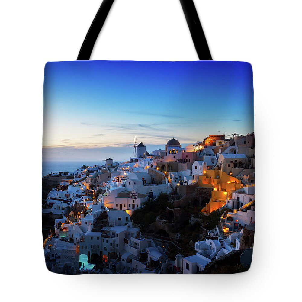 Santorini Tote Bag featuring the photograph Santorini Night by Anastasy Yarmolovich