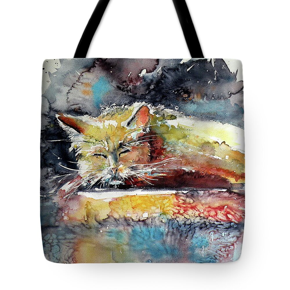 Old Tote Bag featuring the painting Old cat resting #1 by Kovacs Anna Brigitta