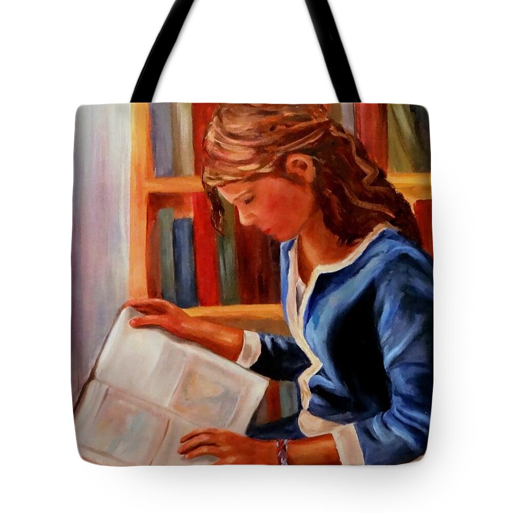 Girl Reading Tote Bag featuring the painting Once Upon a Time #1 by Carol Berning