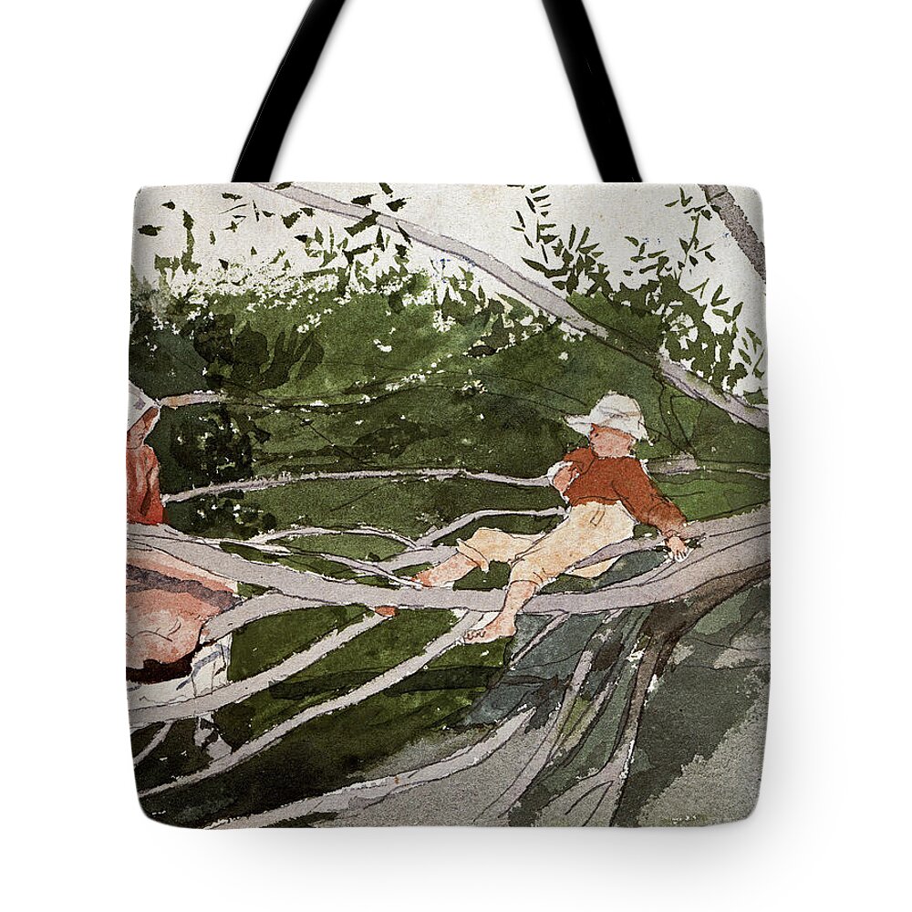 Winslow Homer Tote Bag featuring the drawing Out on a Limb #2 by Winslow Homer