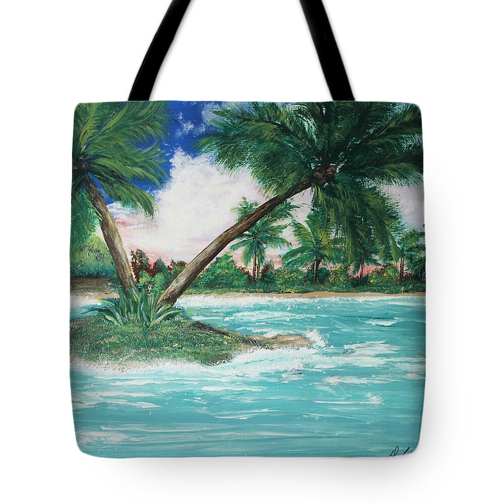 Island Tote Bag featuring the painting Paradise Island #1 by Debbie Levene