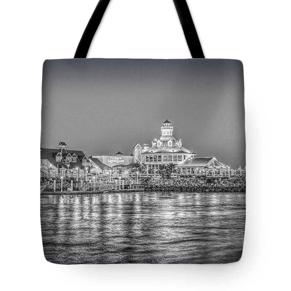 Lighthouse Tote Bag featuring the photograph Parkers Lighthouse BW Shoreline Village by David Zanzinger