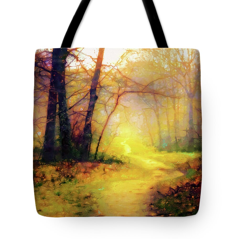 Path In The Woods Tote Bag featuring the mixed media Path in the woods #1 by Lilia S