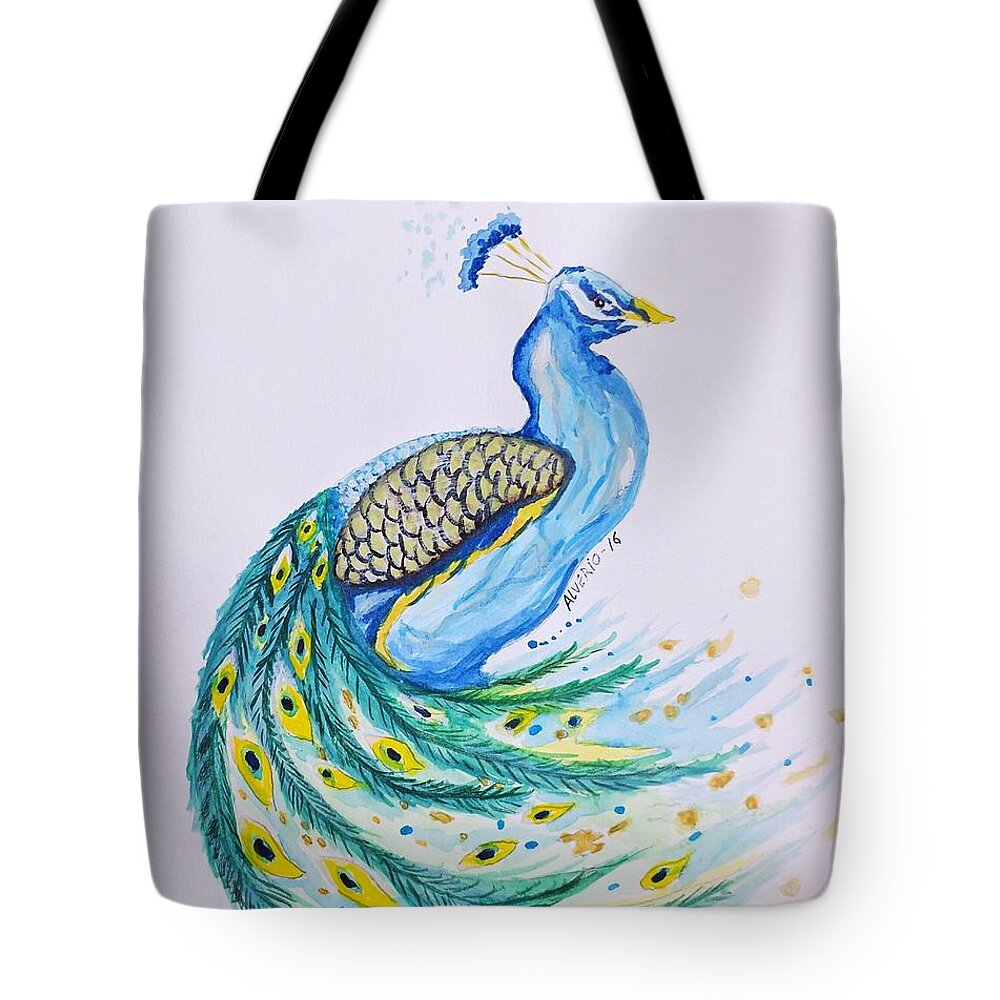 Peacock Tote Bag featuring the painting Peacock #2 by Edwin Alverio