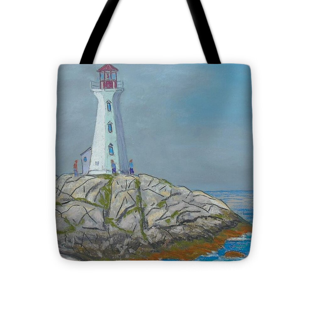 Lighthouse Tote Bag featuring the pastel Peggy's Cove Lighthouse #1 by Rae Smith