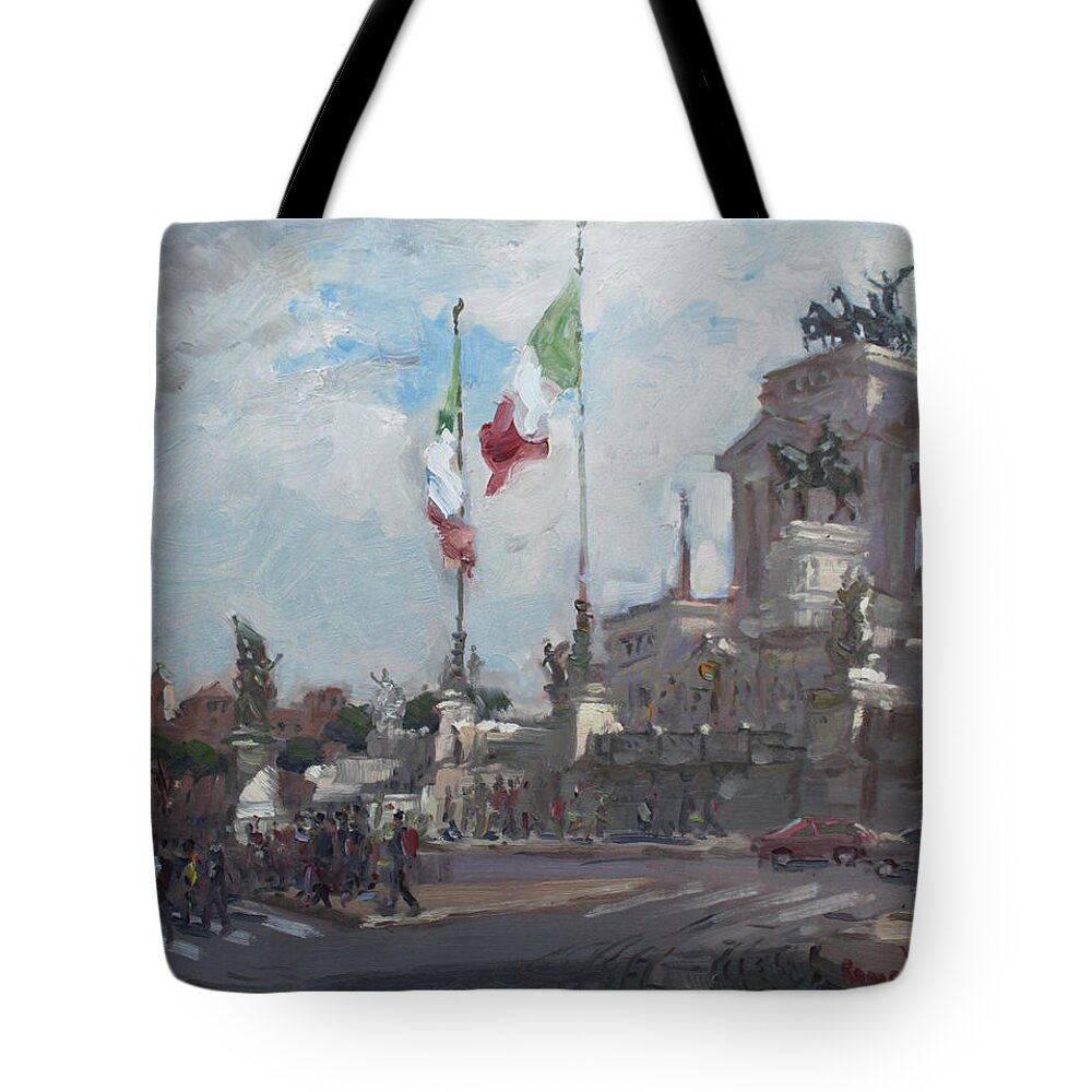 Piazza Venezia Tote Bag featuring the painting Piazza Venezia Rome by Ylli Haruni