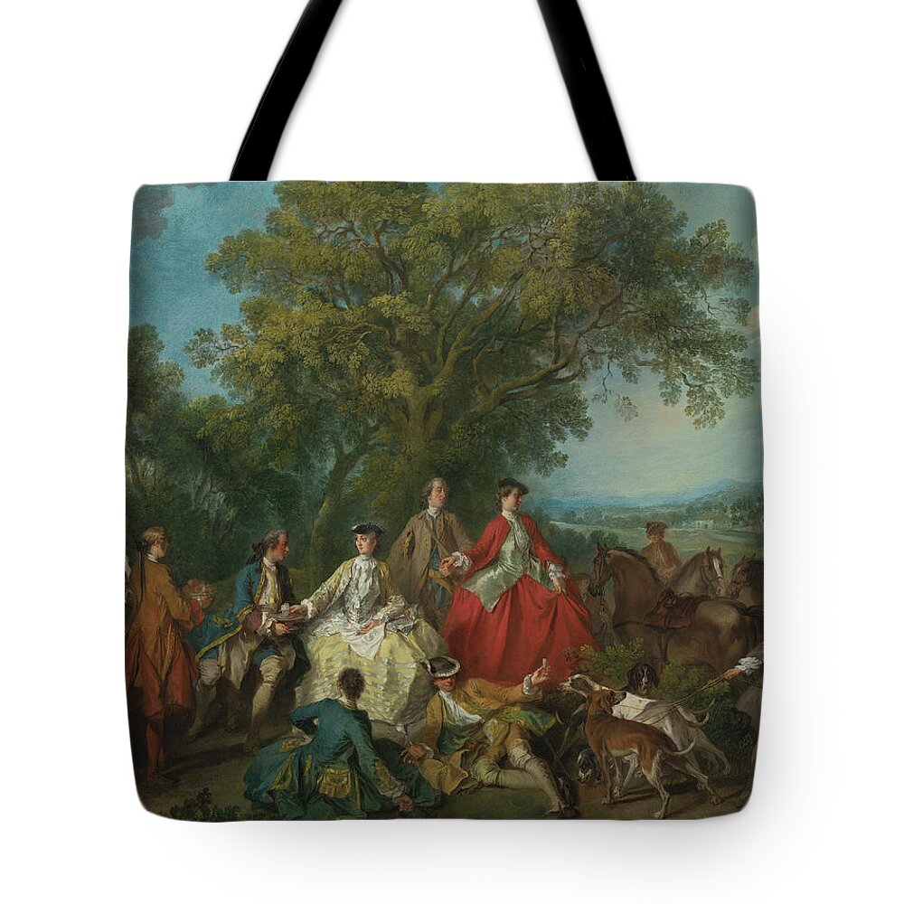 Nicolas Lancret Tote Bag featuring the painting Picnic After The Hunt #1 by Nicolas Lancret